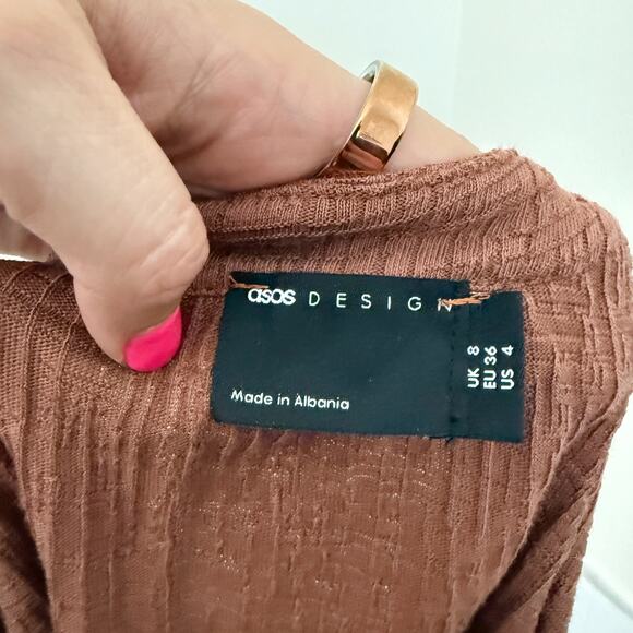 [ASOS] Brown Textured Long Balloon Sleeves Front Tie Ruched Mini Dress Size US 4 - Picture 9 of 12